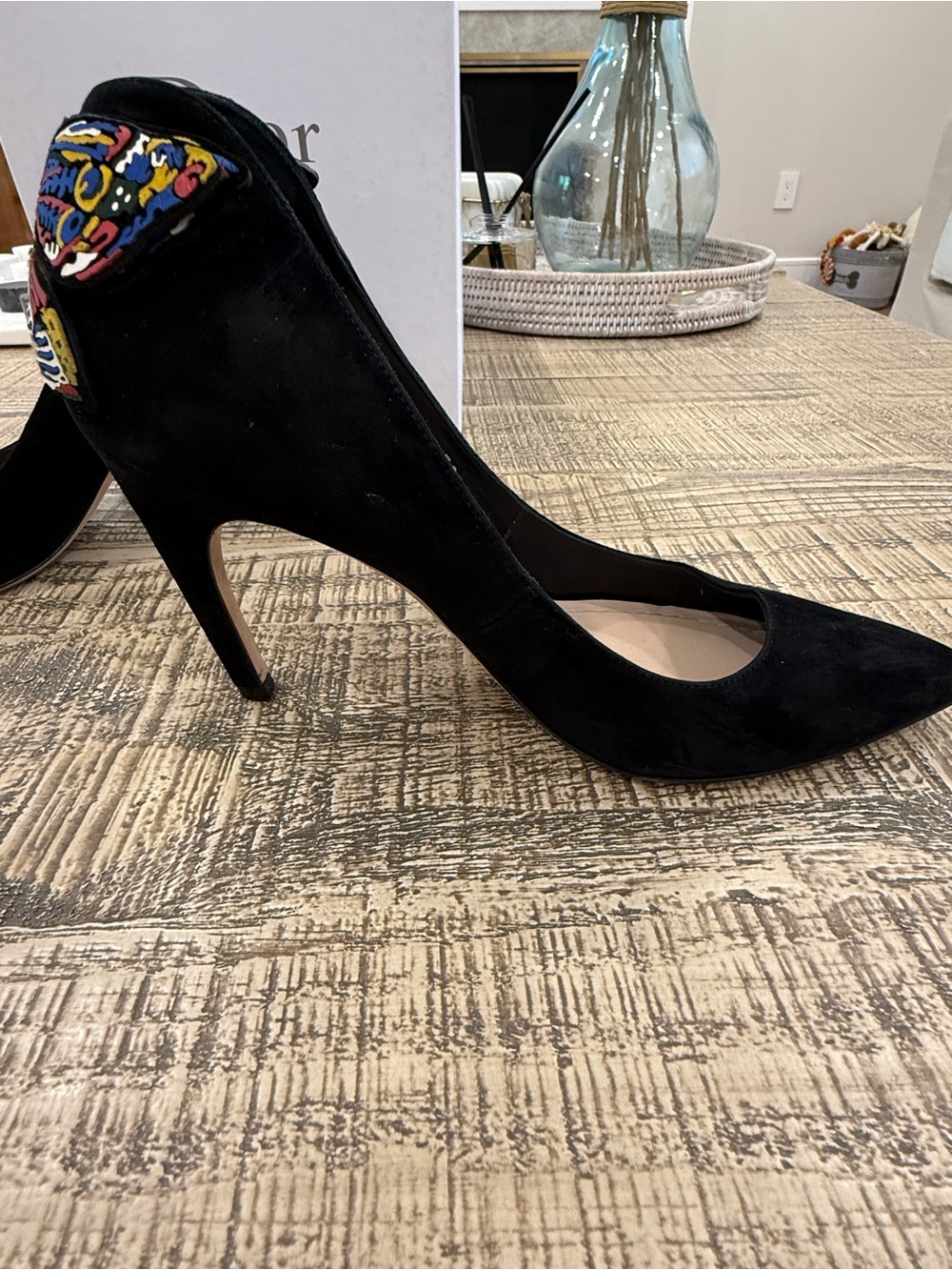 Dior Black Suede Pointed Pumps with Multicolor Embellished Heel Accent - Picture 3 of 15